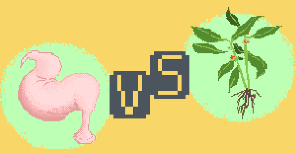 Pixel art of a stomach and ashwagandha